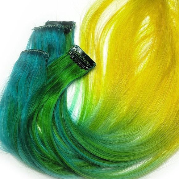 Remy Human Hair Extensions Clip in Galaxy Hairstyles Green Blue Yellow Colormet